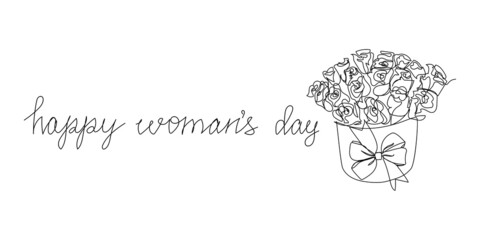 Obraz na płótnie Canvas Happy womans day continuous line drawing. One line art of english hand written lettering with bouquet of flowers, 8 march greeting card.