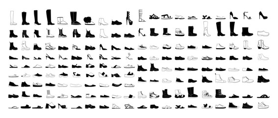 Collection of shoes of different types. Black and white icons of women's and men's shoes on a white background. - obrazy, fototapety, plakaty