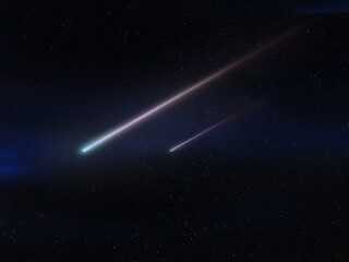 Fototapeta na wymiar Two meteorites fly in the night sky. Bright meteors glow in the atmosphere. Beautiful shooting stars. 