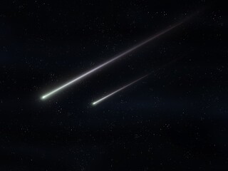 Fototapeta na wymiar Two meteorites fly in the night sky. Bright meteors glow in the atmosphere. Beautiful shooting stars. 