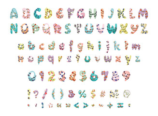 Fototapeta na wymiar Collection of letters, numbers and punctuation marks with twining plants. Floral colorful font.