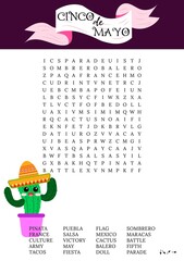 Cinco de Mayo word search puzzle.  Federal holiday in Mexico. Logic game crossword. Festive worksheet printable. School party activity card. 