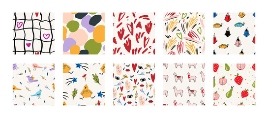 Collection of seamless patterns. Prints for creating fabrics, wallpapers, covers.