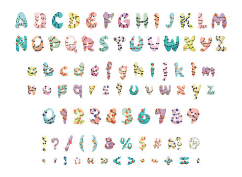 Collection of letters, numbers and punctuation marks with twining plants. Floral colorful font.