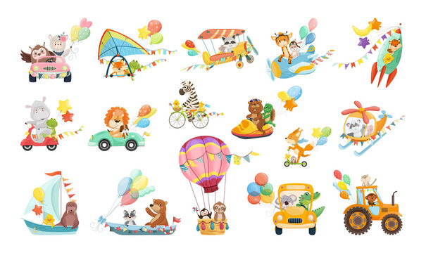 Set of illustrations with animals in various transport. Children's illustrations.