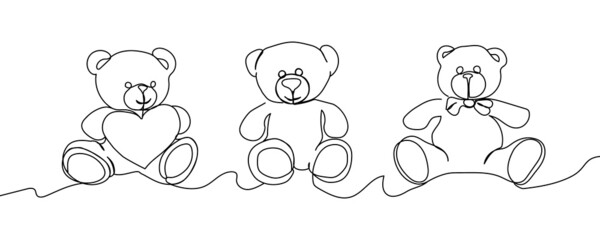 Three teddy bears continuous line drawing. One line art of February 14, Valentine s day, birthday, love, heart, toy, gift, relationship, romance, relationship.