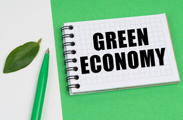 On a white-green background lies a pen, a leaf of a plant and a notepad with the inscription - Green economy