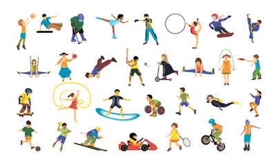 Fototapeta na wymiar Collection of illustrations with children doing different sports.