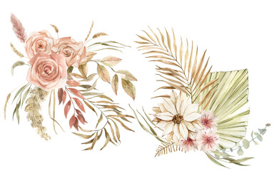 Exotic dry leaves and flowers. Boho bouquets of herbs, leaves, flowers, palm leaves, roses, dried flowers. Wedding decoration, spry wedding invitations, cards, posters, background, holiday decoration  © Yevheniia Poli