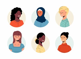 Women head portraits set. Diverse women faces of different  race. Happy modern young girls avatars. Characters bundle. Flat vector illustrations isolated on white background