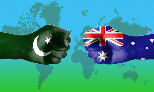 Pakistan Vs Australia Cricket Match With Flags On Hand And World Map On Background 