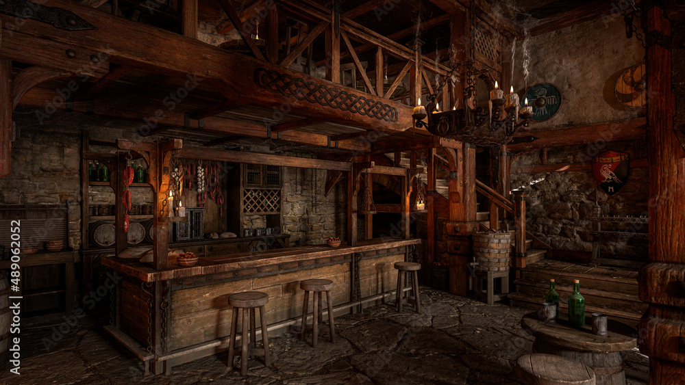 Fototapete the bar in an old medieval inn or tavern with decorative shields on the wall and staircase in the ba