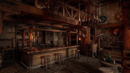 Fototapeta na wymiar The bar in an old medieval inn or tavern with decorative shields on the wall and staircase in the background. 3D rendering.