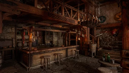 Fotobehang The bar in an old medieval inn or tavern with decorative shields on the wall and staircase in the background. 3D rendering. © IG Digital Arts