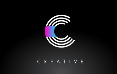 C White Purple Lines Letter Logo. Creative Line Letters Vector Template.