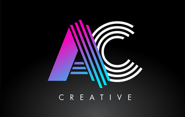 AC White Purple Lines Letter Logo. Creative Line Letters Vector Template.