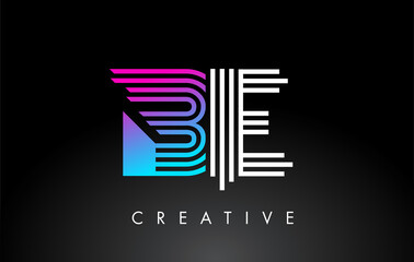 BE White Purple Lines Letter Logo. Creative Line Letters Vector Template.