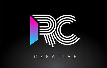 RC White Purple Lines Letter Logo. Creative Line Letters Vector Template.