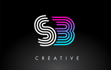 SB White Purple Lines Letter Logo. Creative Line Letters Vector Template.