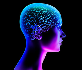 Neurology, philosophy: connections, the development of thought and reflection, the infinite possibilities of the brain and mind. Human anatomy. Digital reality, artificial consciousness. 3d rendering