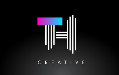 TH White Purple Lines Letter Logo. Creative Line Letters Vector Template.