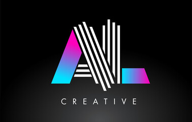 AL White Purple Lines Letter Logo. Creative Line Letters Vector Template.
