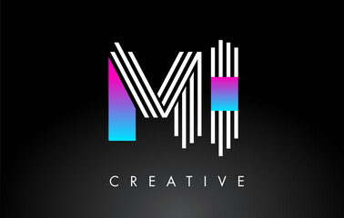 MI White Purple Lines Letter Logo. Creative Line Letters Vector Template.