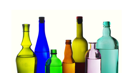 Bottles with wines and spirits on a white background.