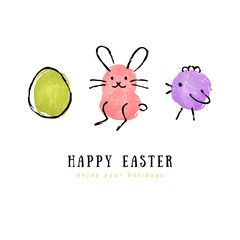 Cute hand drawn Happy Easter greeting card. Vector illustration. Egg, bunny rabbit, chicken. Child drawing imitation. Ink strokes.