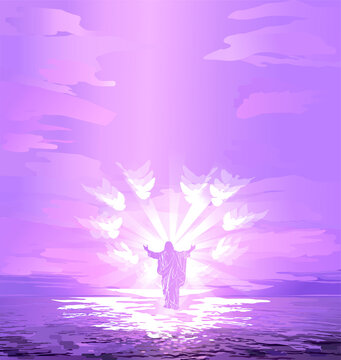 Easter holiday, resurrection, salvation, beautiful landscape. Religious vector banner with Jesus Christ.