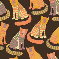 Seamless vector pattern design of a cute decorative tiger in brown earthy colors