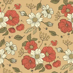 Poster Vintage papaver en madeliefje bloemen naadloos tuinpatroon © trihubova