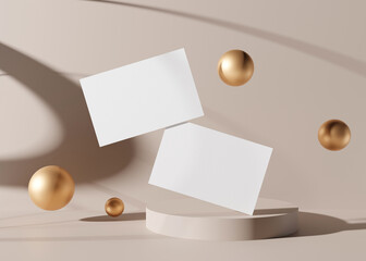 Blank white business cards with golden spheres on the cream background. Mockup for branding identity. Two cards to show both sides. Template for graphic designer. Free space, copy space. 3D rendering.