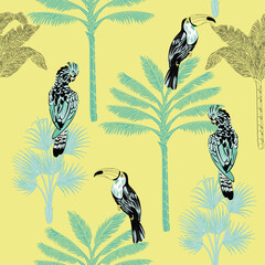 Vintage toucan parrot bird, palm trees seamless pattern yellow background. Exotic botanical floral wallpaper.