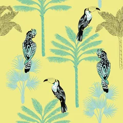 Wall murals Parrot Vintage toucan parrot bird, palm trees seamless pattern yellow background. Exotic botanical floral wallpaper.