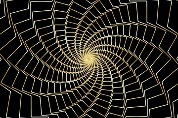 Abstract wireframe tunnel. The gold line rotates cards on the black background. Vector illustration.