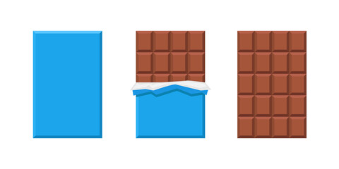 Milk chocolate bar. Three chocolates in a blue wrapper. Unwrapped chocolate bar, vector clipart isolated on white background.