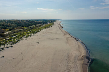 White sand beach. View to Baltic Sea Costline. Curonian Spit, Aerial view of the sea coast with...