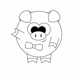 Cute cartoon Pig in necktie. Draw illustration in black and white