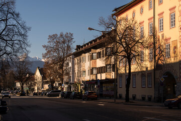 Garmisch-Partenkirchen, Germany - December 22,2021: Street view of the Garmisch-Partenkirchen on sunny winter day.
