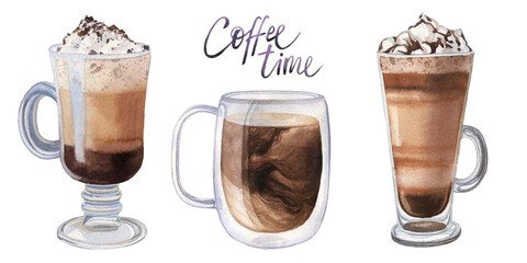 Coffee drinks in glass mugs. Delicious hot drink with whipped cream and chocolate. Hand-drawn watercolor illustration on a white background. Picture for restaurant, cafe, menu, food design.
