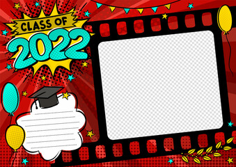 Graduation photo frame in pop art style for 2022. Bright page for class photos. Template for the design of frames for graduates, photographs, posters, cards, stickers. Vector illustration.