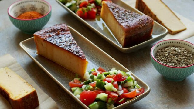 Traditional chickpea flour dish bread with fresh vegetable salad and spices. Moroccan cuisine, table spin.