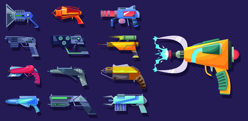 Vector cartoon illustration set with many blaster weapons, space weapons - obrazy, fototapety, plakaty