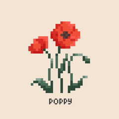 Obraz premium Pixel art poppy. Vintage 90s gaming 8 bit icon of red poppy flower. Vector pixel poppy game pattern.