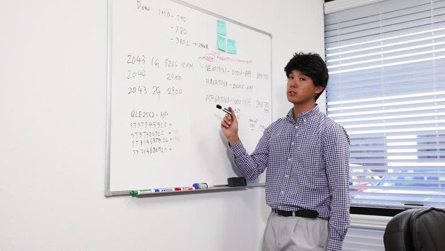 A businessman giving a presentation on a whiteboard 