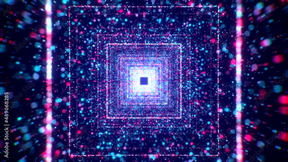 Poster space tunnel with square neon lines. motion. beautiful tunnel with bright colorful particles and neo
