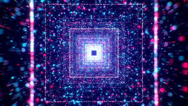 Space tunnel with square neon lines. Motion. Beautiful tunnel with bright colorful particles and neon squares. Dive into a space portal with luminous particles