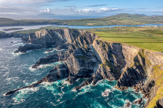 Coastal aerial view at Kerry Cliffs in Portmagee Ireland Wild Atlantic Way seen by drone
