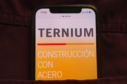 KONSKIE, POLAND - February 22, 2022: Ternium SA company logo on mobile phone hidden in jeans pocket